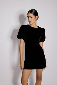 Black Velvet Puff Sleeve Boston Mini Shift Dress