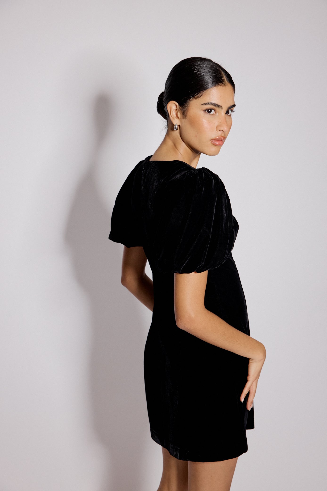 Black Velvet Puff Sleeve Boston Mini Shift Dress