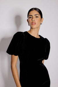 Black Velvet Puff Sleeve Boston Mini Shift Dress
