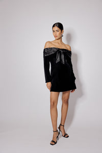 Black Velvet Off Shoulder Bow Capricorn Mini Dress