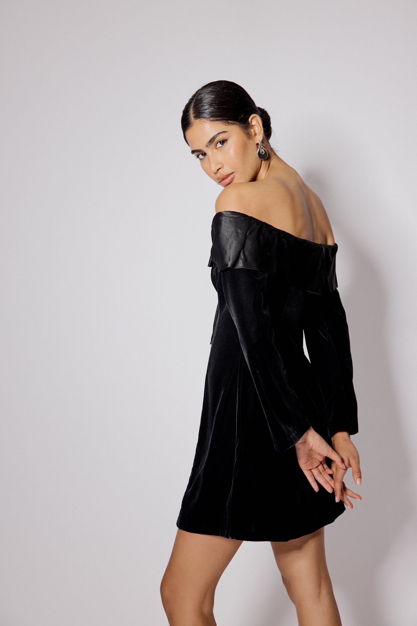 Black Velvet Off Shoulder Bow Capricorn Mini Dress Black Velvet Off Shoulder Bow Capricorn Mini Dress
