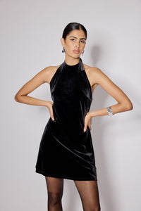 Black Stretch Velvet Halter Neck Scorpio Mini Dress