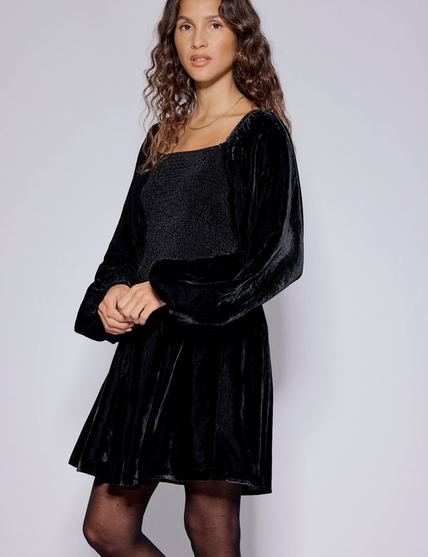 Black Velvet Balloon Sleeve Jupiter Mini Dress