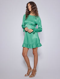 Green Satin Long Sleeve Frill Bella Mini Dress