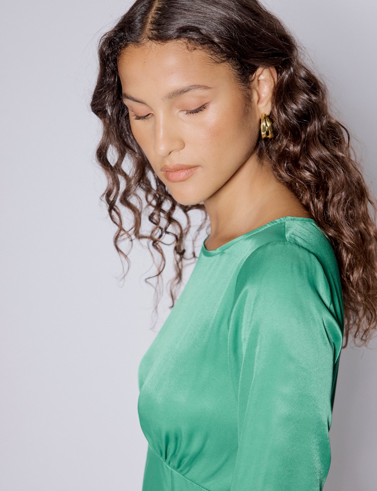 Green Satin Long Sleeve Frill Bella Mini Dress Green Satin Long Sleeve Frill Bella Mini Dress