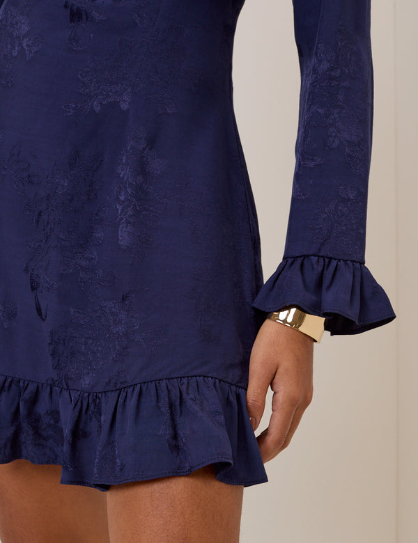 Blue Floral Satin Jacquard Long Sleeve Frill Bella Mini Dress