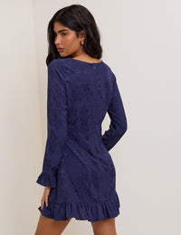 Blue Floral Satin Jacquard Long Sleeve Frill Bella Mini Dress