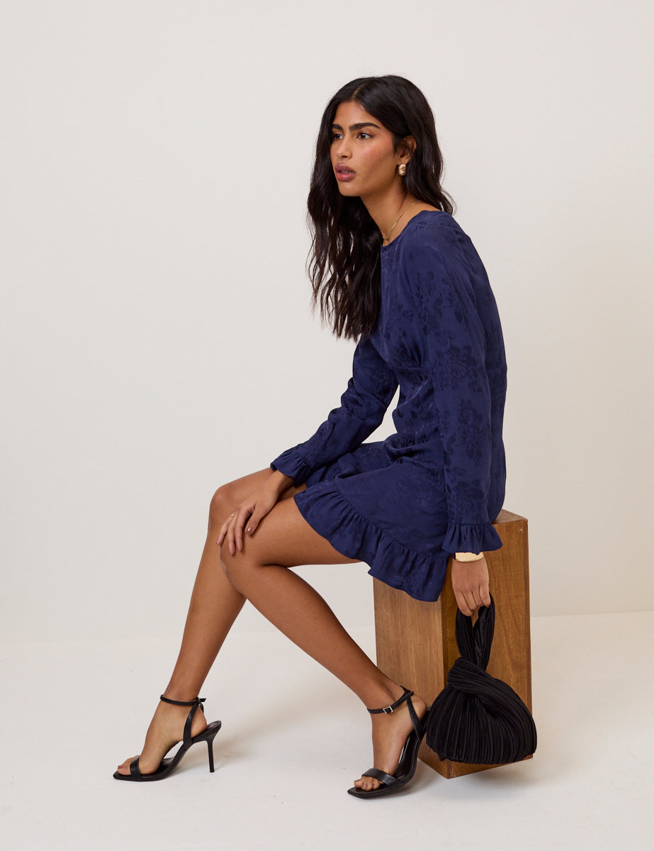 Blue Floral Satin Jacquard Long Sleeve Frill Bella Mini Dress