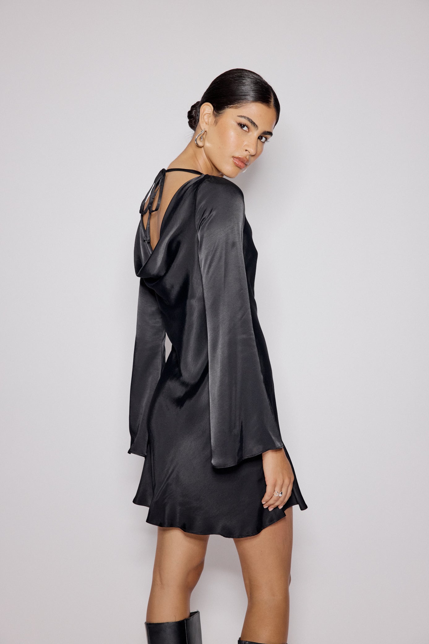 Black Satin Cowl Neck Leighton Mini Dress Black Satin Cowl Neck Leighton Mini Dress
