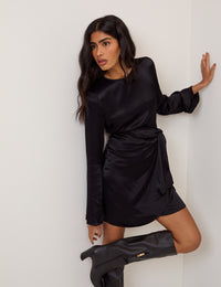 Black Satin Wrap Blair Mini Dress