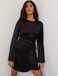 Black Satin Wrap Blair Mini Dress