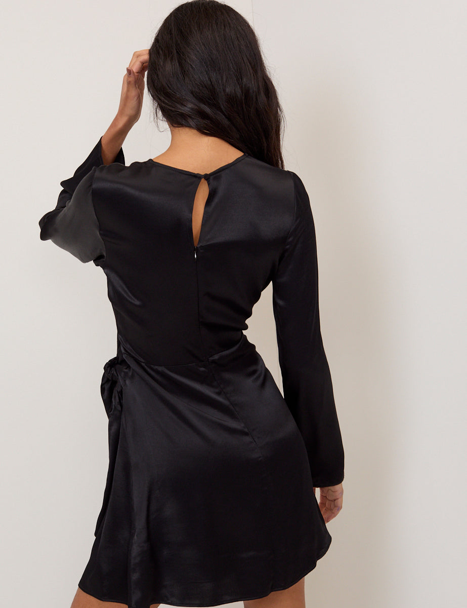 Black Satin Wrap Blair Mini Dress