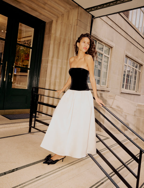 Black And White Bandeau Drop Waist Sienna Midi Dress