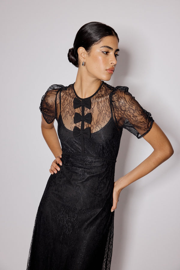 Black Lace Bow Front Una Midi Dress