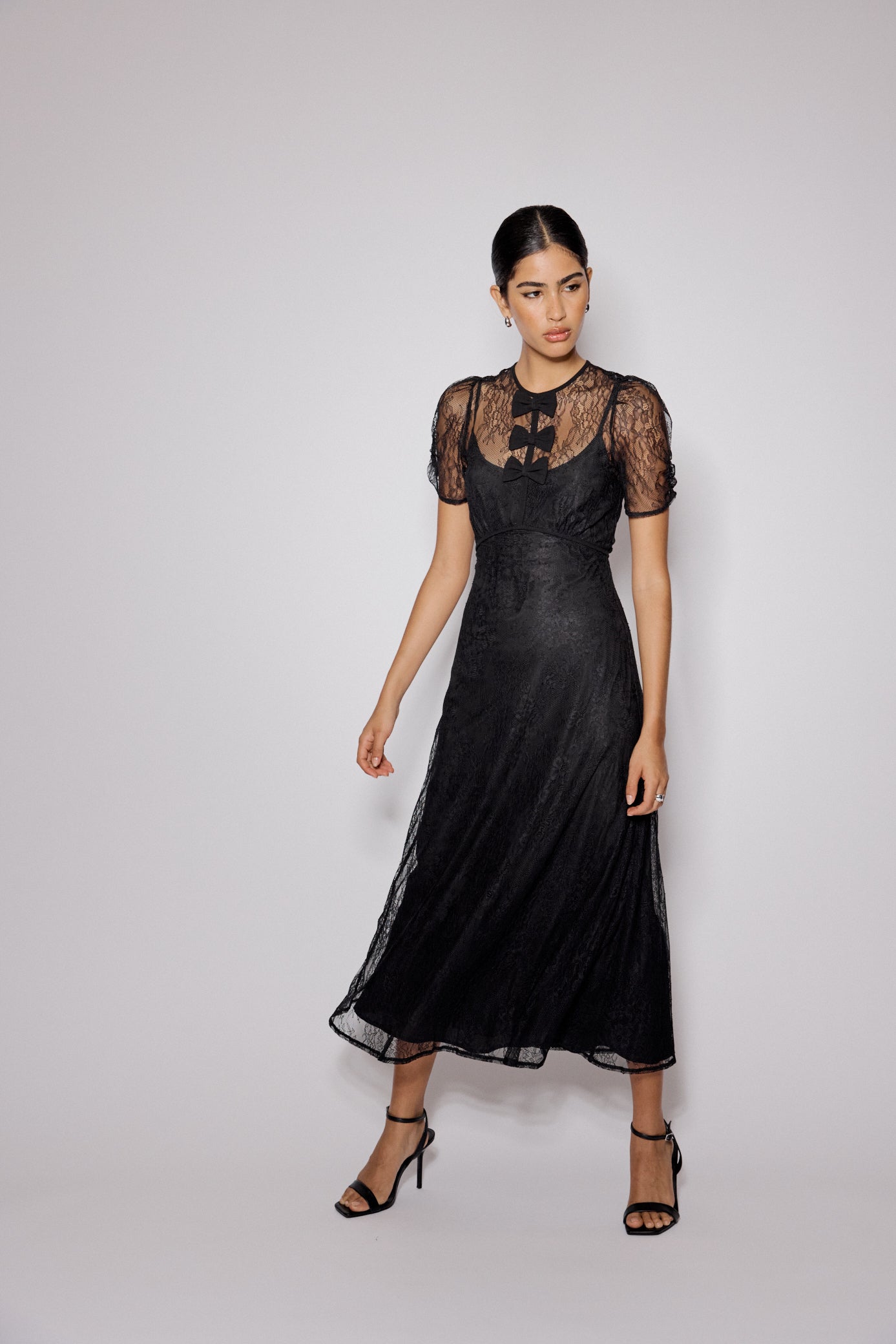 Black Lace Bow Front Una Midi Dress