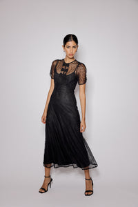 Black Lace Bow Front Una Midi Dress