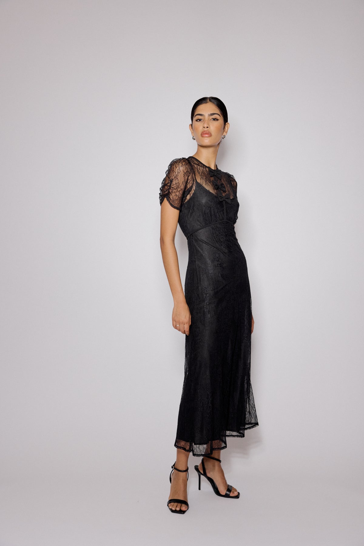 Black Lace Bow Front Una Midi Dress