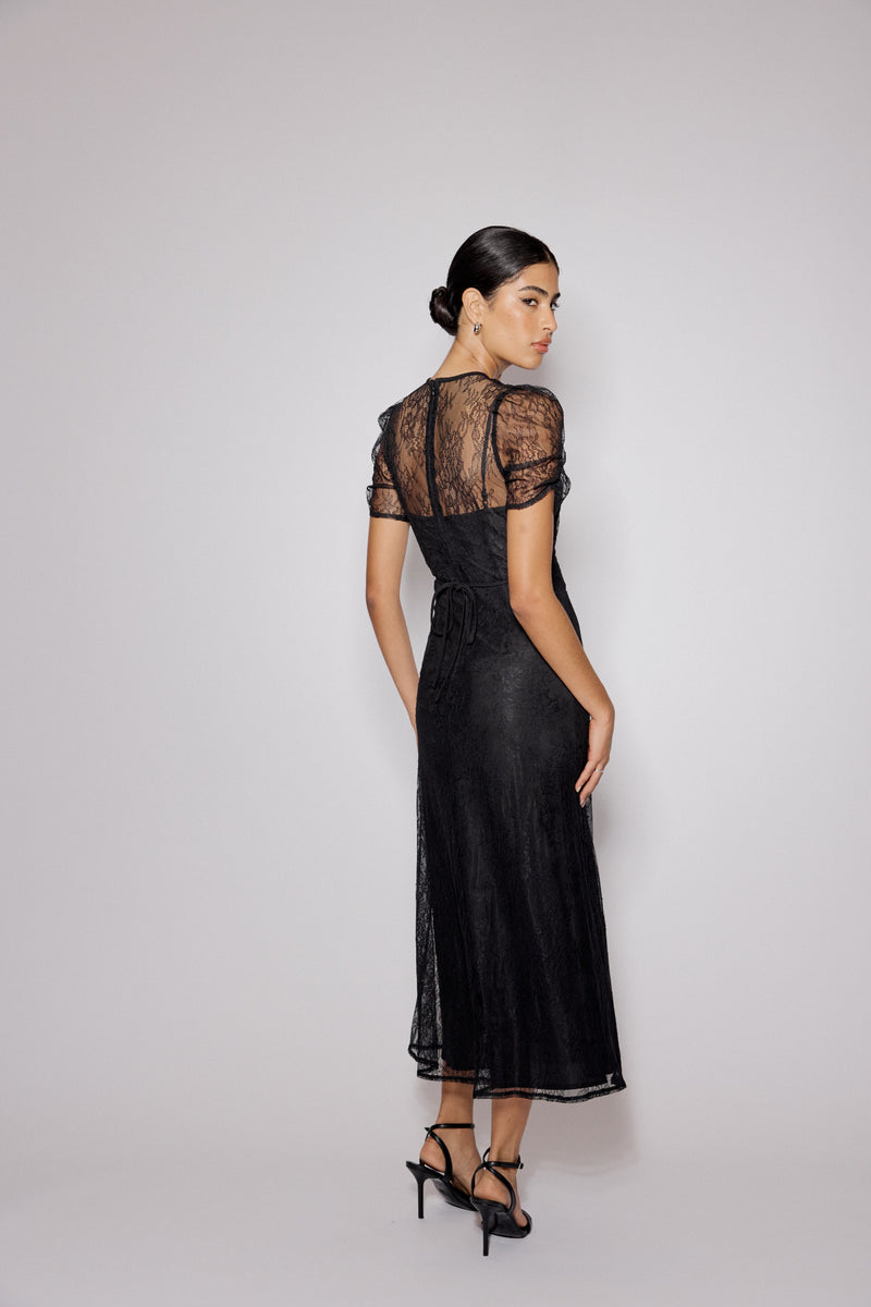 Black Lace Bow Front Una Midi Dress