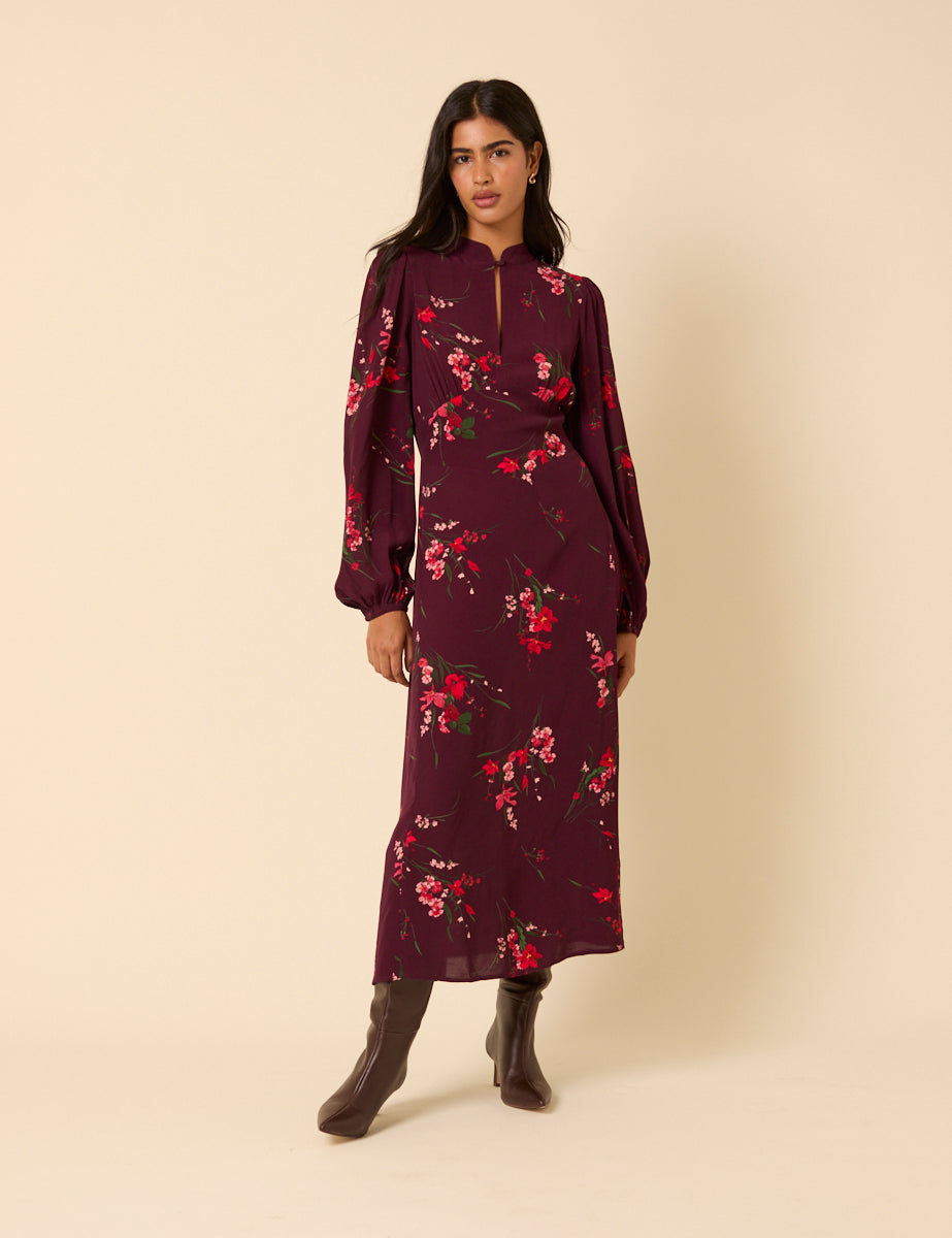 Burgundy Floral Long Sleeve Mila Midi Dress Burgundy Floral Long Sleeve Mila Midi Dress