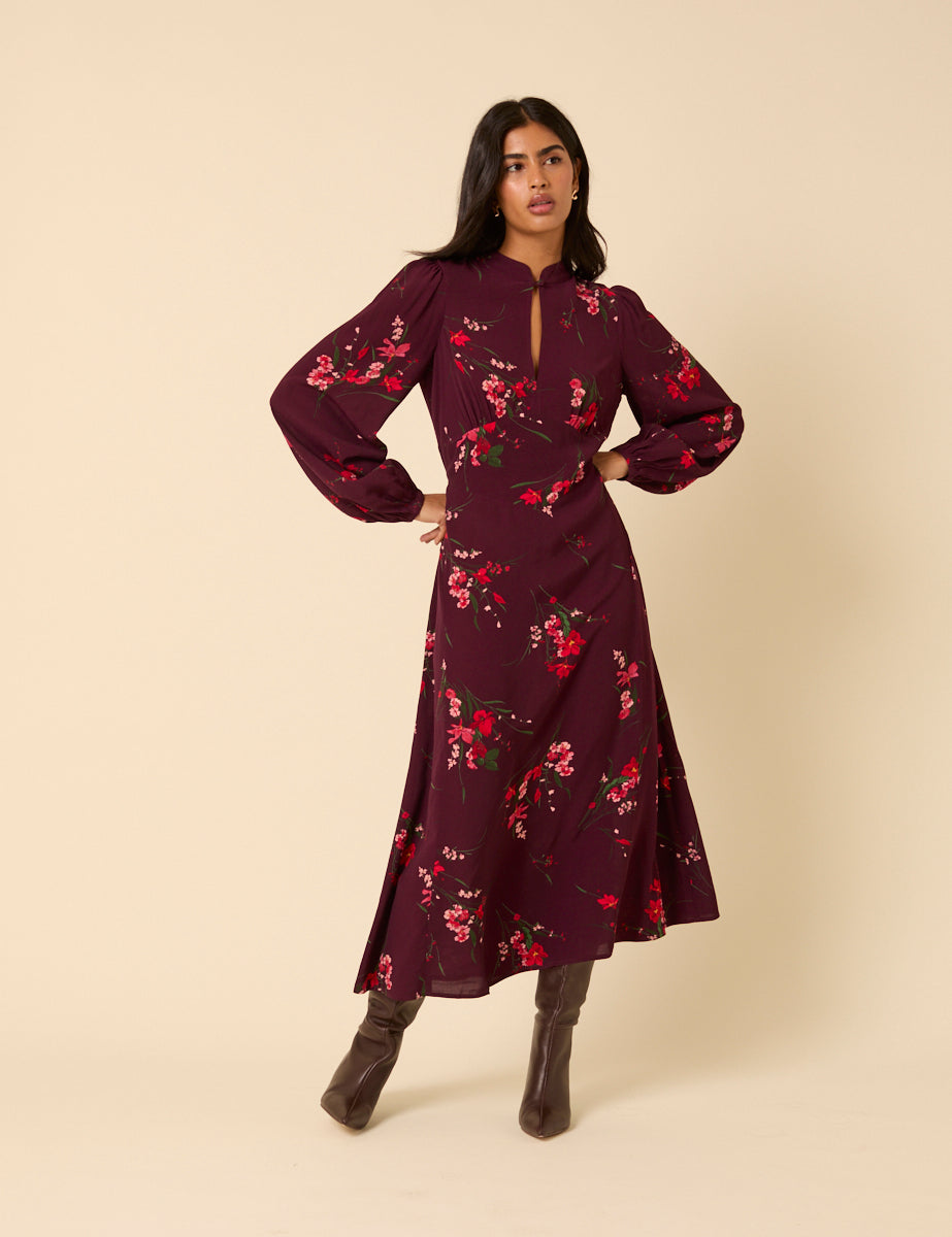 Burgundy Floral Long Sleeve Mila Midi Dress
