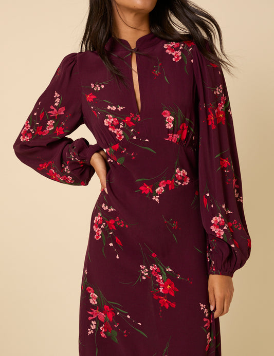 Burgundy Floral Long Sleeve Mila Midi Dress Burgundy Floral Long Sleeve Mila Midi Dress