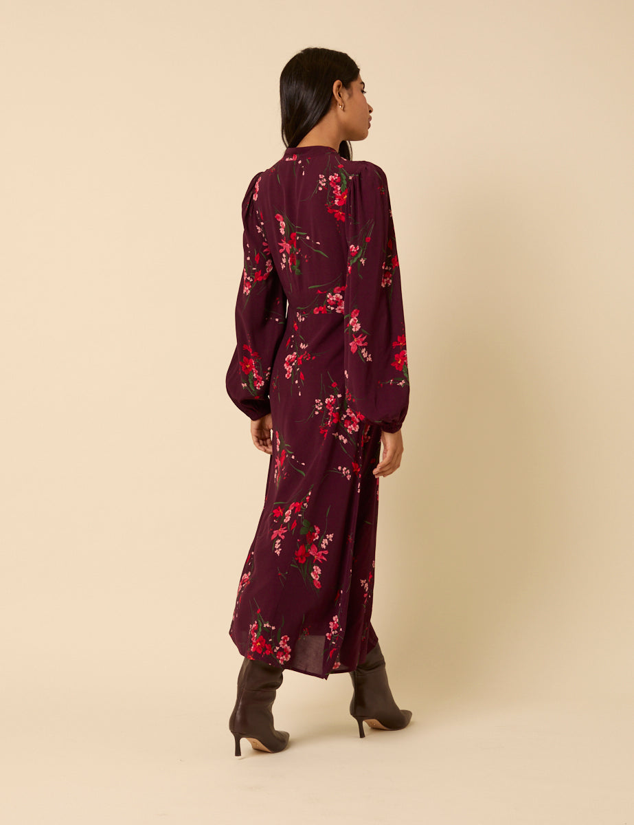 Burgundy Floral Long Sleeve Mila Midi Dress