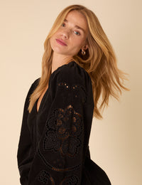 Black Cord Balloon Sleeve Bree Mini Dress