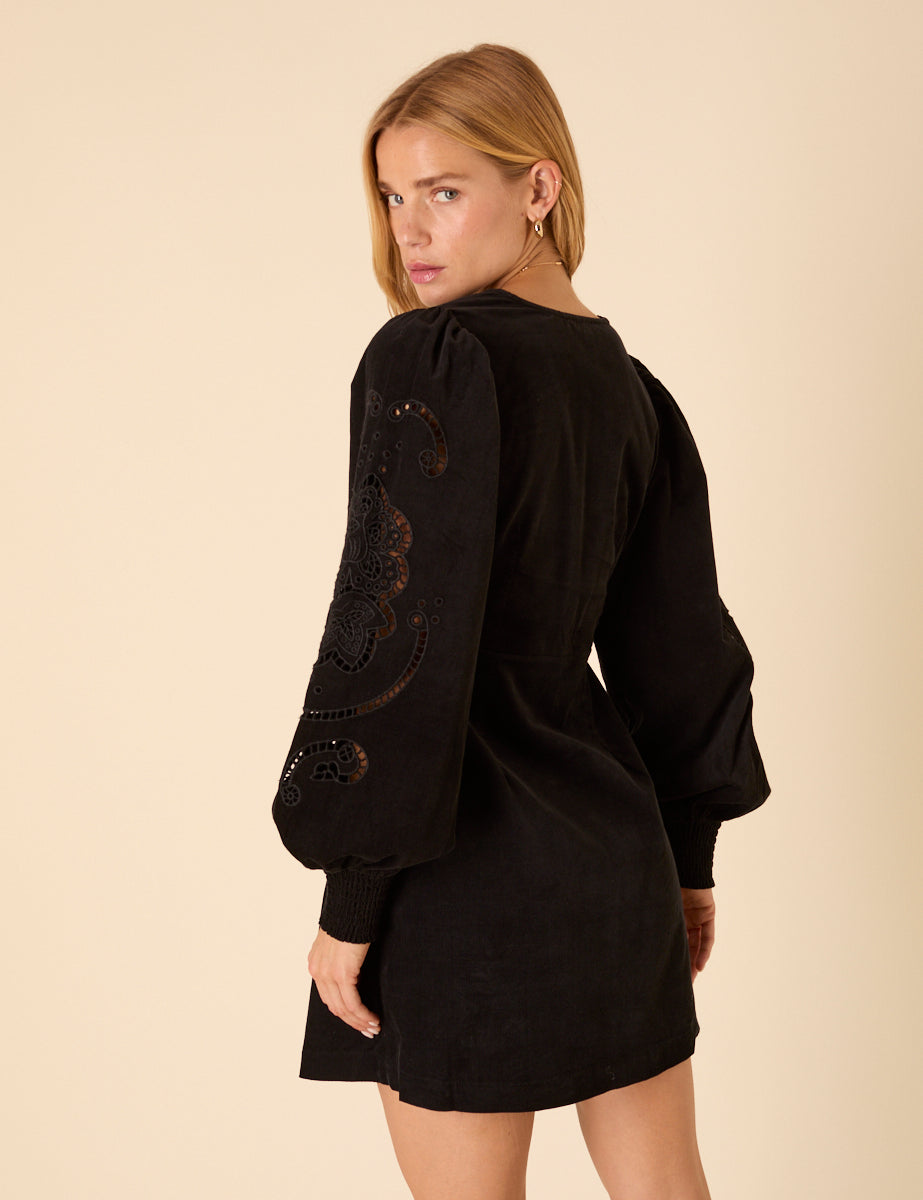 Black Cord Balloon Sleeve Bree Mini Dress