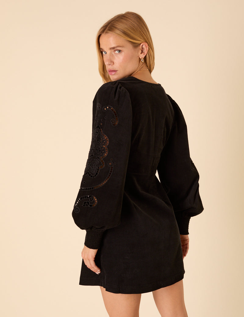 Black Cord Balloon Sleeve Bree Mini Dress