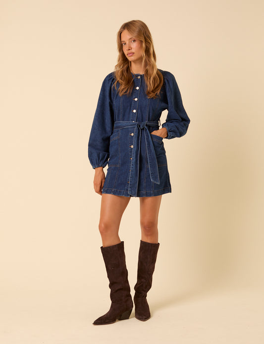 long sleeve tie waist mini dress Dark Blue Denim Carlee Tie Waist Mini Dress