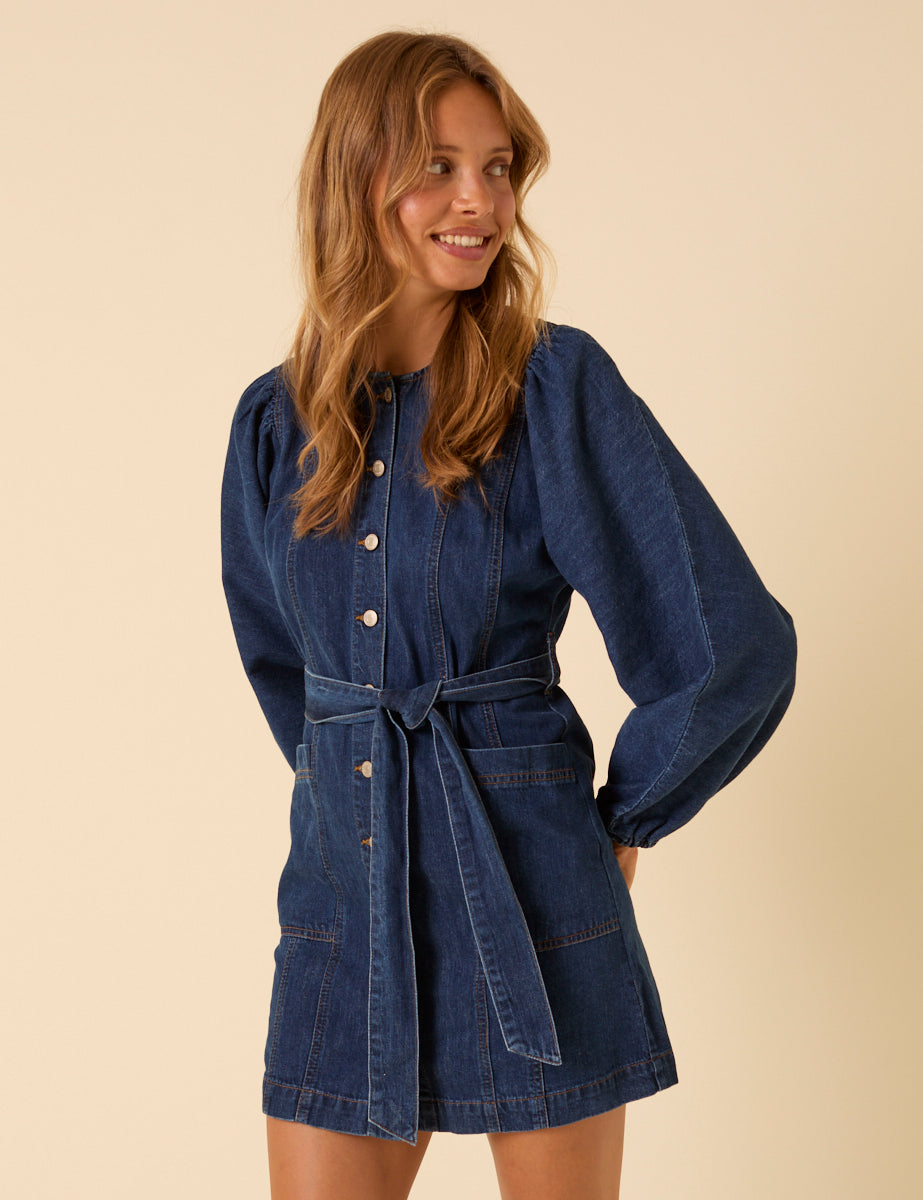 Dark Blue Denim Carlee Tie Waist Mini Dress Dark Blue Denim Carlee Tie Waist Mini Dress