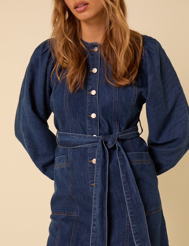 Dark Blue Denim Carlee Tie Waist Mini Dress