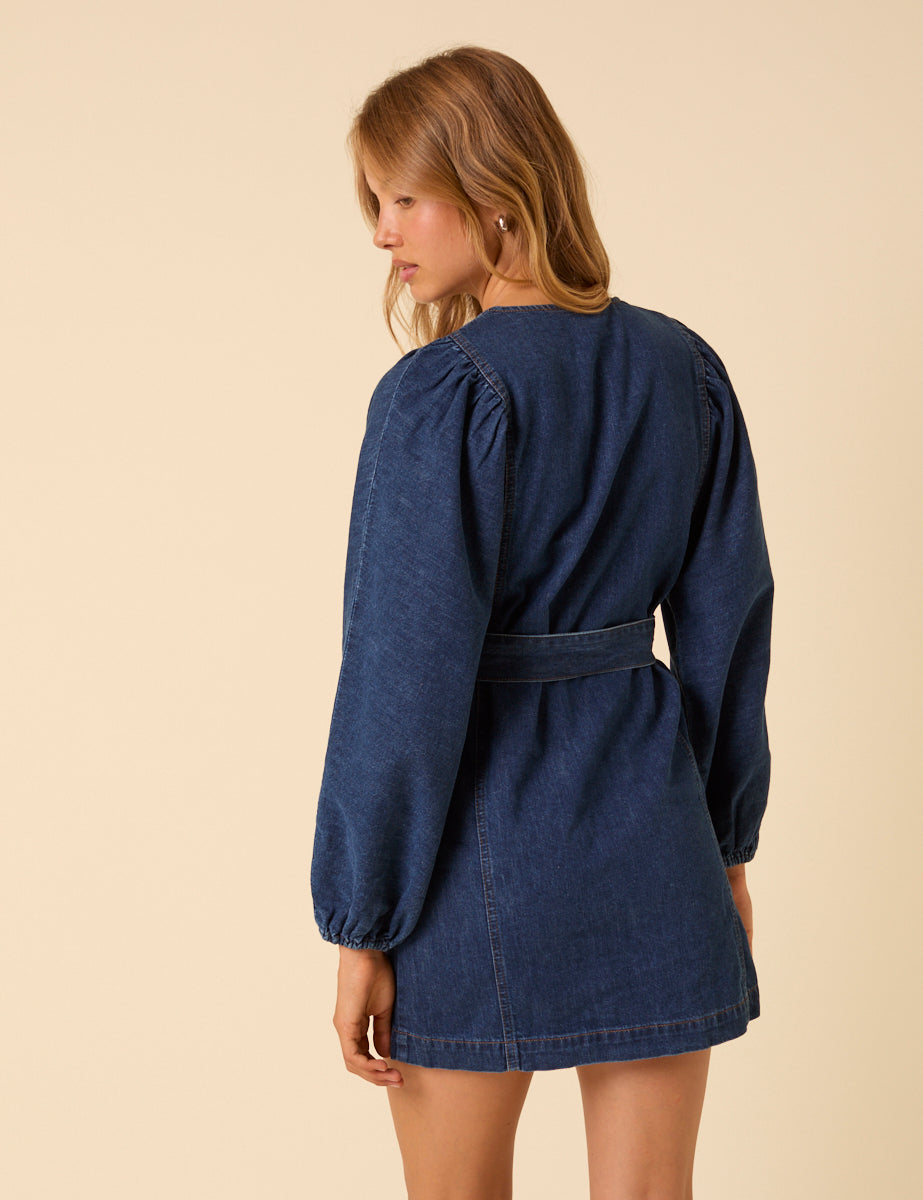 Dark Blue Denim Carlee Tie Waist Mini Dress
