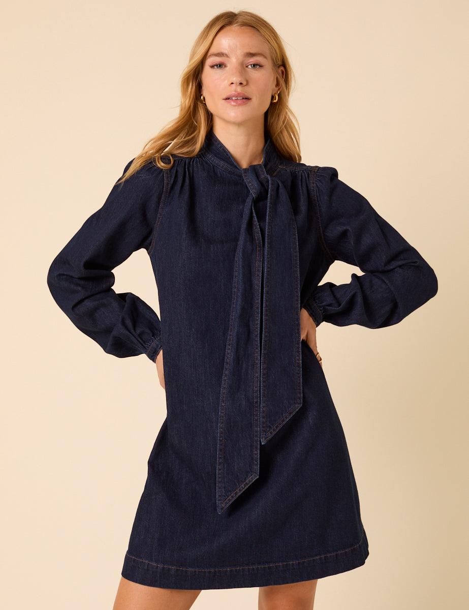 Dark Denim Bow Willow Mini Dress Dark Denim Bow Willow Mini Dress