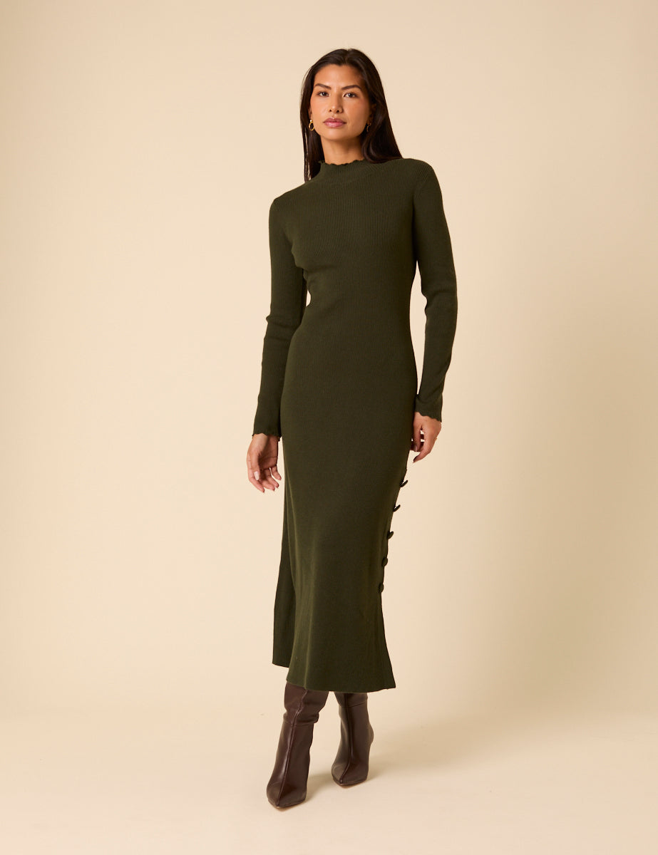 Dark Green Knitted Long Sleeve Midi Dress Dark Green Knitted Long Sleeve Midi Dress