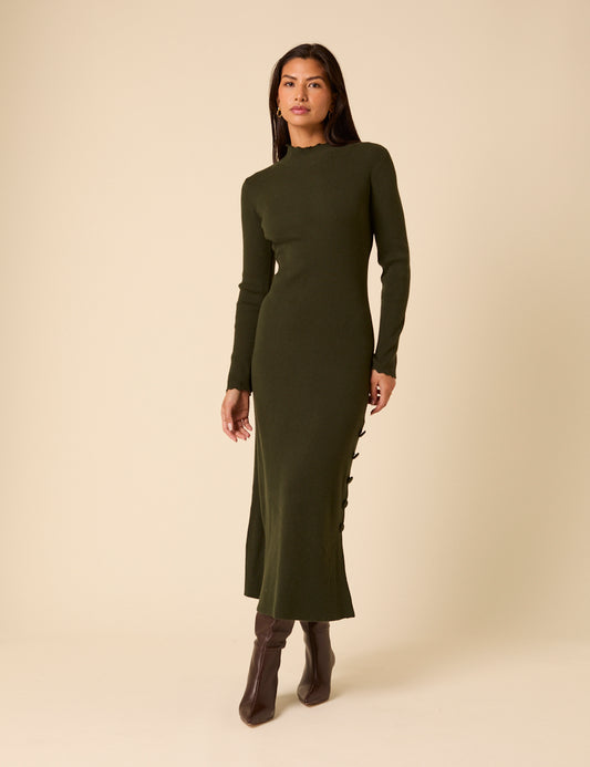 strapless open back dress Dark Green Knitted Long Sleeve Midi Dress