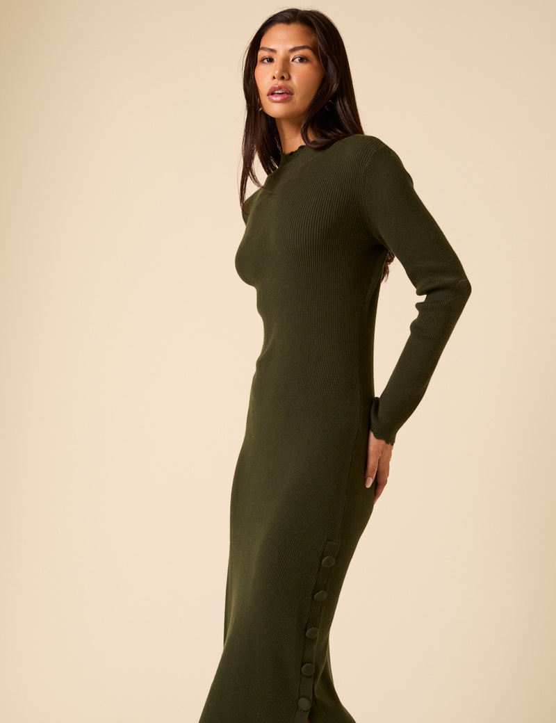 Green Ribbed Long Sleeve Midi Dress