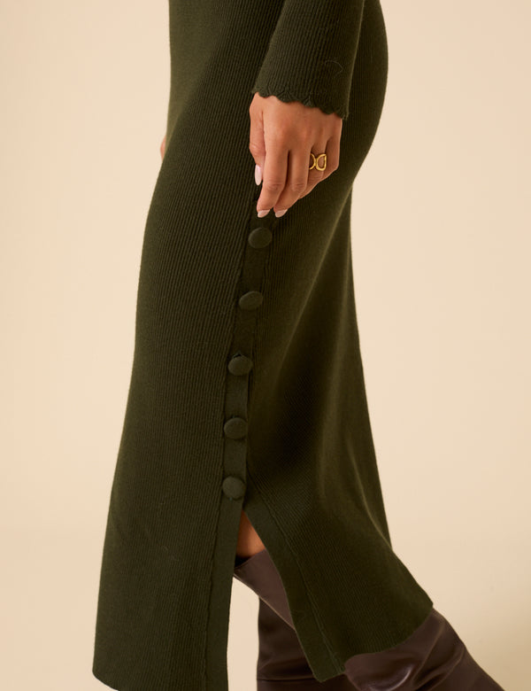 Dark Green Knitted Long Sleeve Midi Dress