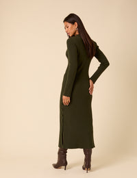 Dark Green Knitted Long Sleeve Midi Dress