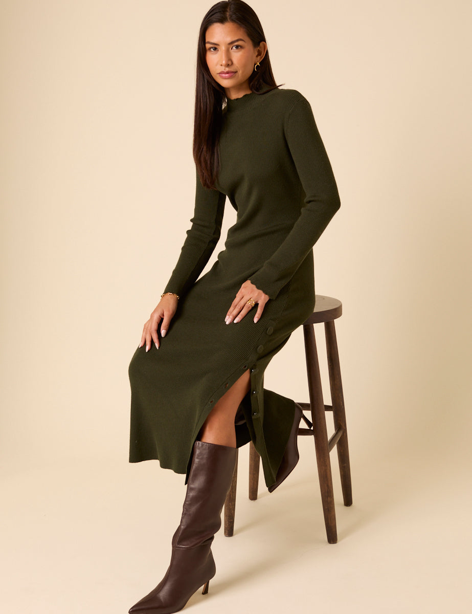 Dark Green Knitted Long Sleeve Midi Dress Dark Green Knitted Long Sleeve Midi Dress