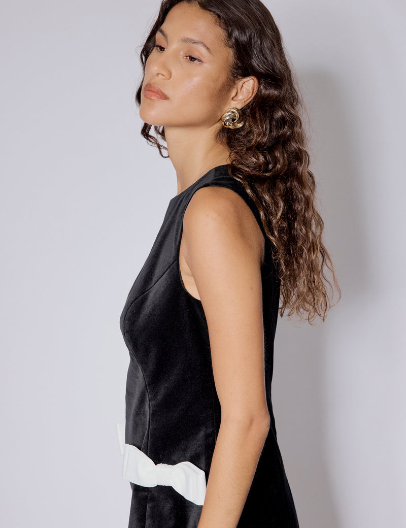 Black Velvet Bow Detail Mini Dress