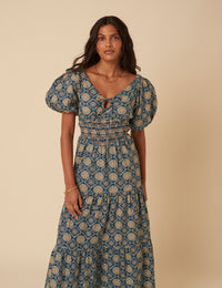 Blue Tile Printed Aria Midi Dress