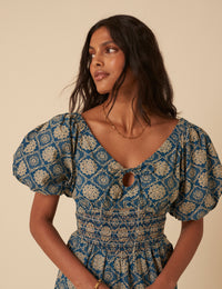 Blue Tile Printed Aria Midi Dress