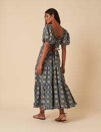 Blue Tile Printed Aria Midi Dress
