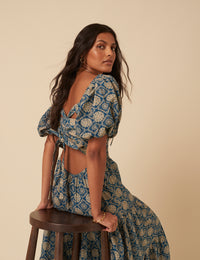 Blue Tile Printed Aria Midi Dress