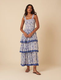 Blue Woodblock Printed Tiered Rowan Midi Dress