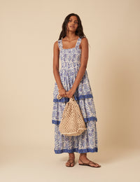 Blue Woodblock Printed Tiered Rowan Midi Dress