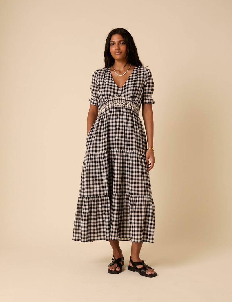 Black Gingham Harlow Midi Dress