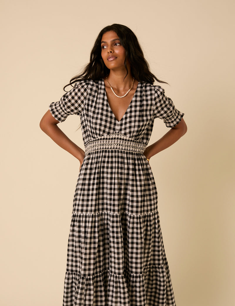 Black Gingham Harlow Midi Dress