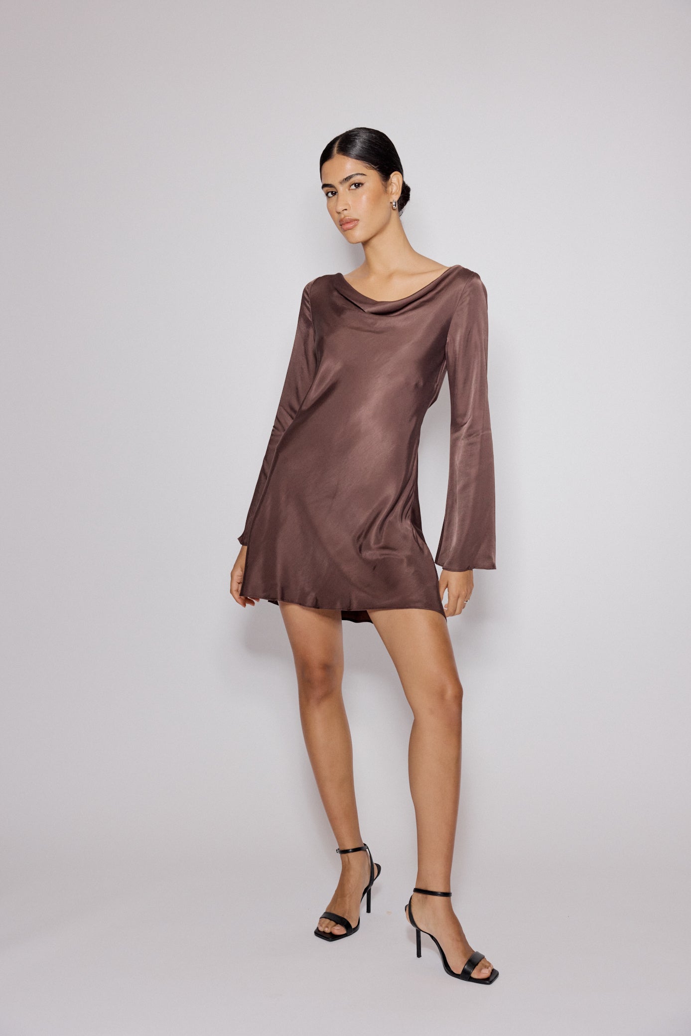 knee length dresses for ladies Brown Satin Cowl Neck Leighton Mini Dress knee length dresses for ladies Brown Satin Cowl Neck Leighton Mini Dress
